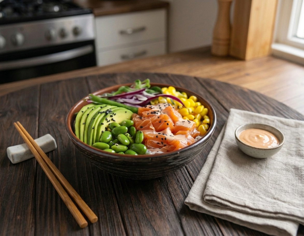 A plated salmon poke bowl on a dining table with chopsticks, a small dish of extra spicy mayo, and a neutral linen napkin in soft natural light