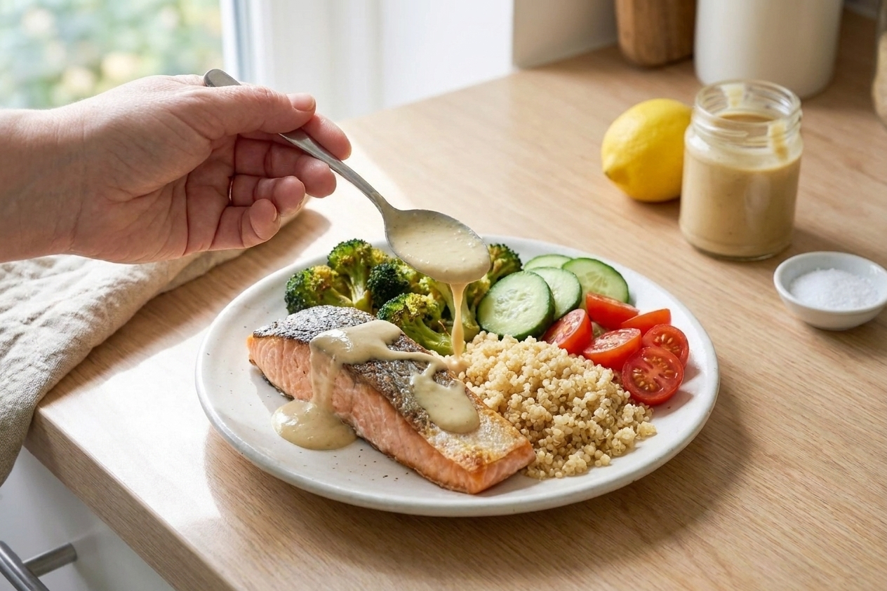 A plated salmon quinoa bowl with roasted broccoli, cucumbers, cherry tomatoes, and a drizzle of lemon tahini sauce on a white plate on a sunny kitchen table