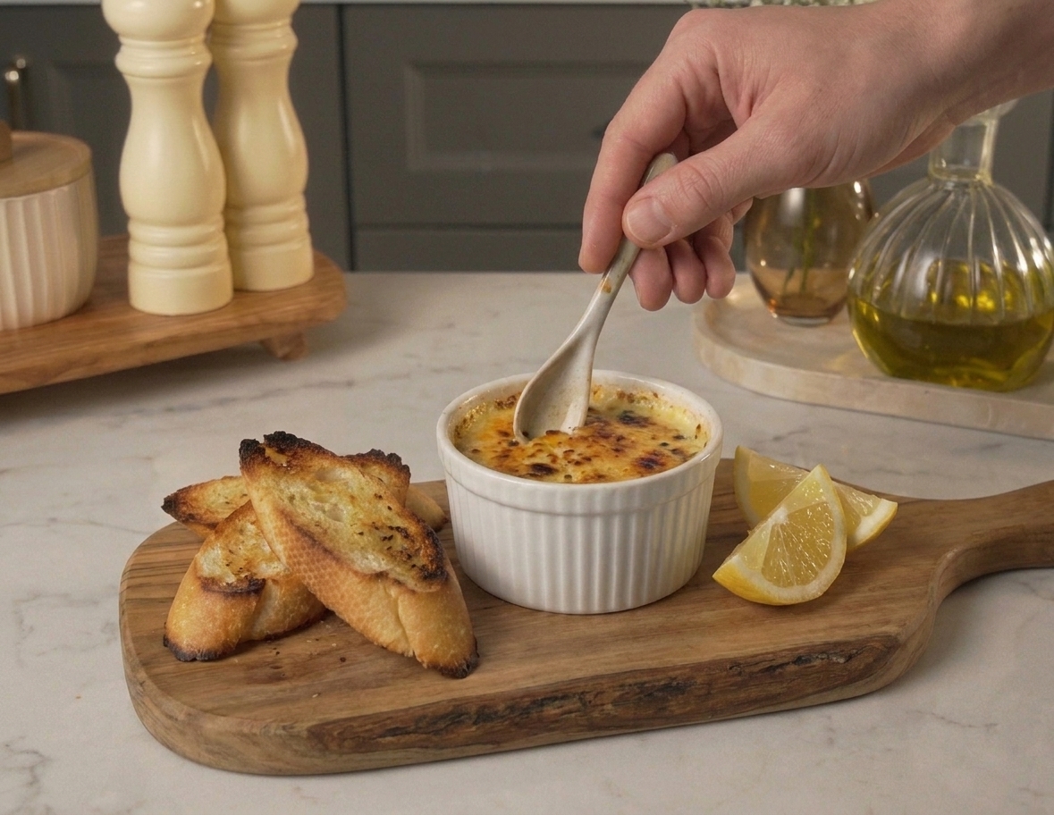 A plated savory crab brûlée ramekin with a crackly golden top served alongside toasted baguette slices and a lemon wedge