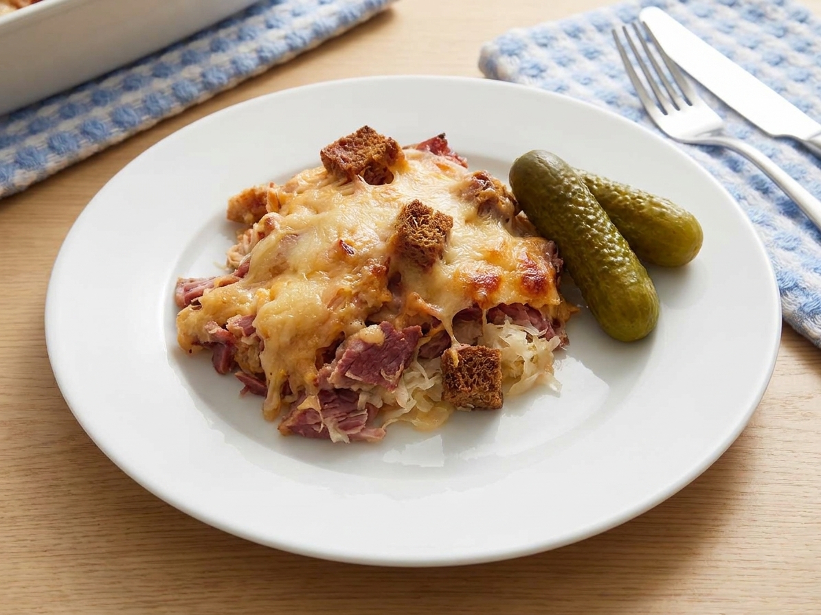 A plated scoop of Reuben casserole with crispy rye topping and melted Swiss, served with dill pickles on a simple white plate at a dinner table