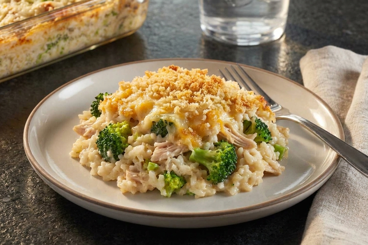 A plated scoop of broccoli rice casserole with chicken on a dinner plate, showing creamy rice, broccoli florets, and a crispy breadcrumb topping