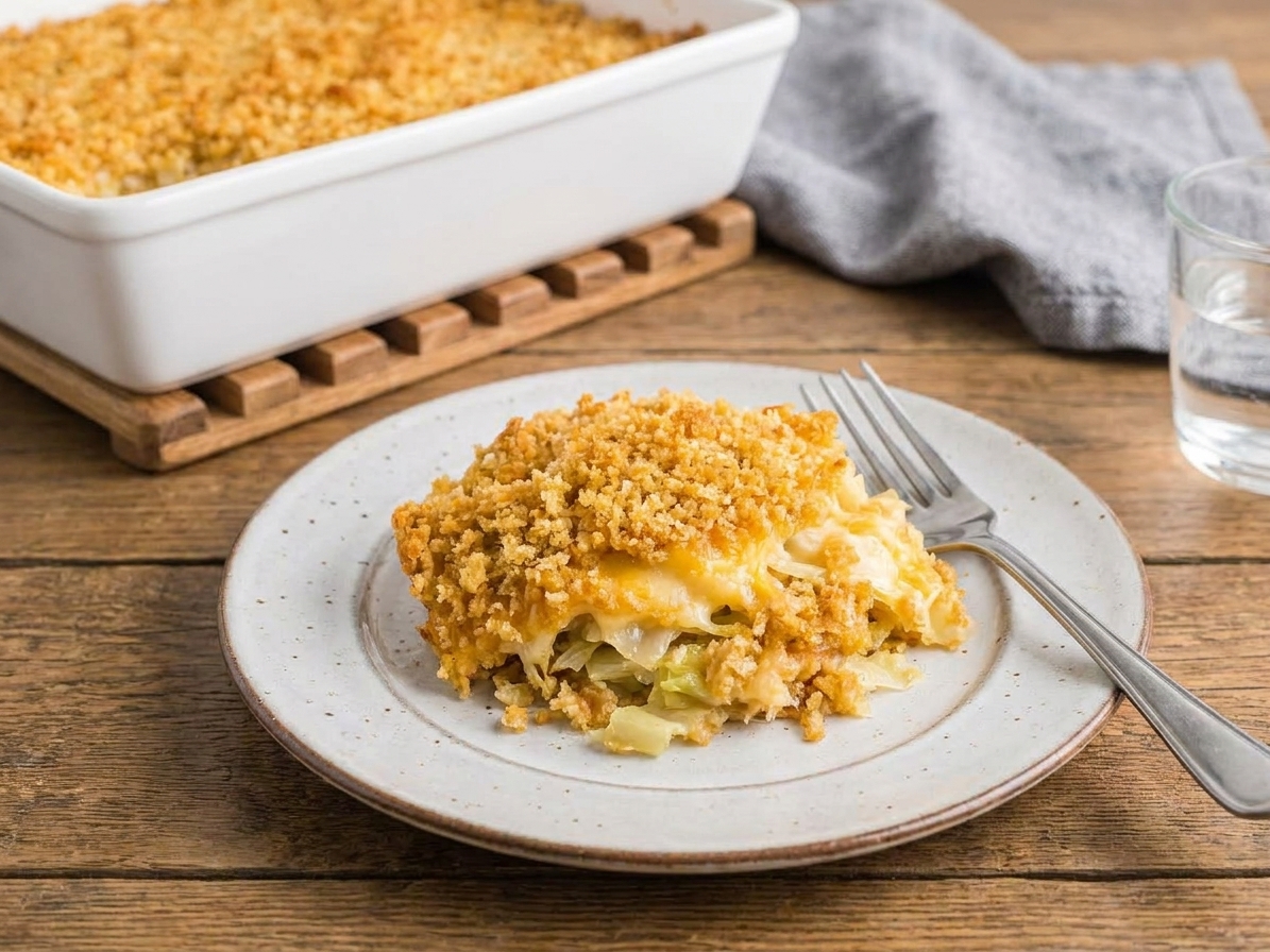 A plated scoop of cheesy cabbage casserole with a crispy topping on a ceramic plate, set on a simple wooden dinner table with a fork beside it