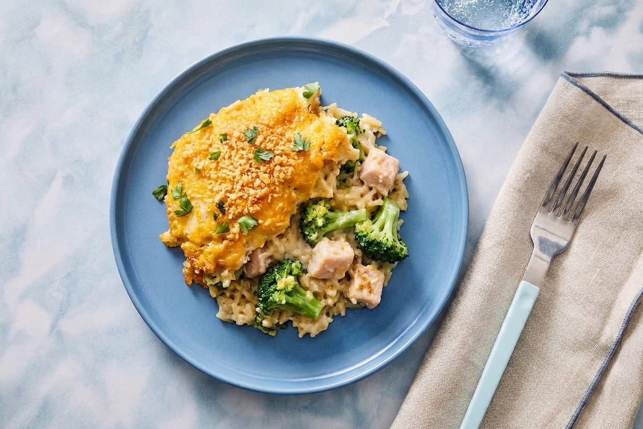 A plated scoop of cheesy chicken and rice casserole with broccoli, showing a creamy interior and crisp golden topping on a simple dinner plate