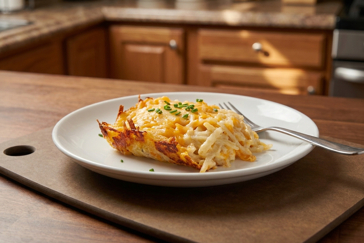 A plated scoop of cheesy hash brown casserole with golden edges on a simple white plate at a wooden table setting