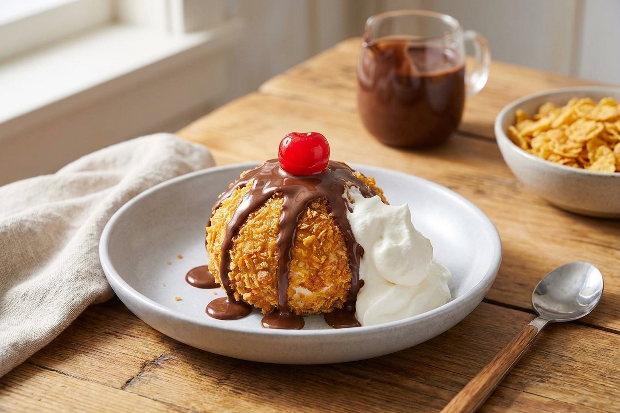 A plated scoop of fried ice cream drizzled with chocolate sauce and topped with whipped cream in a shallow bowl