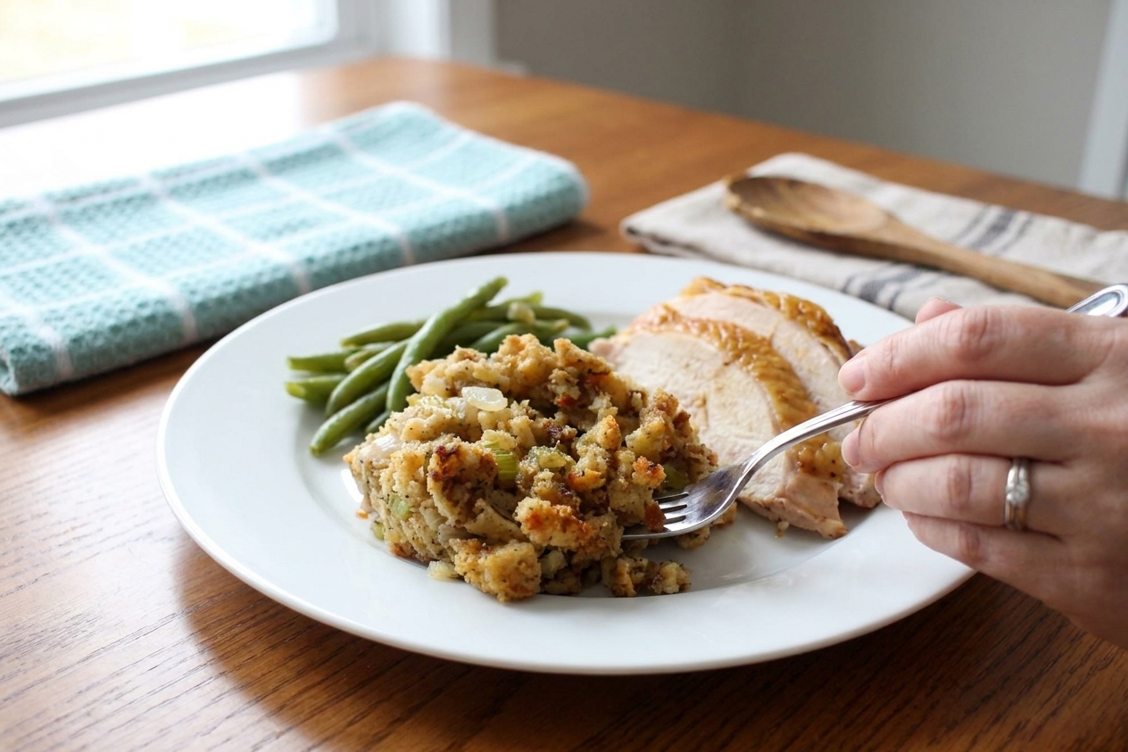 A plated scoop of herb stuffing with crisp browned edges next to roasted turkey and green beans on a simple dinner plate at a dining table