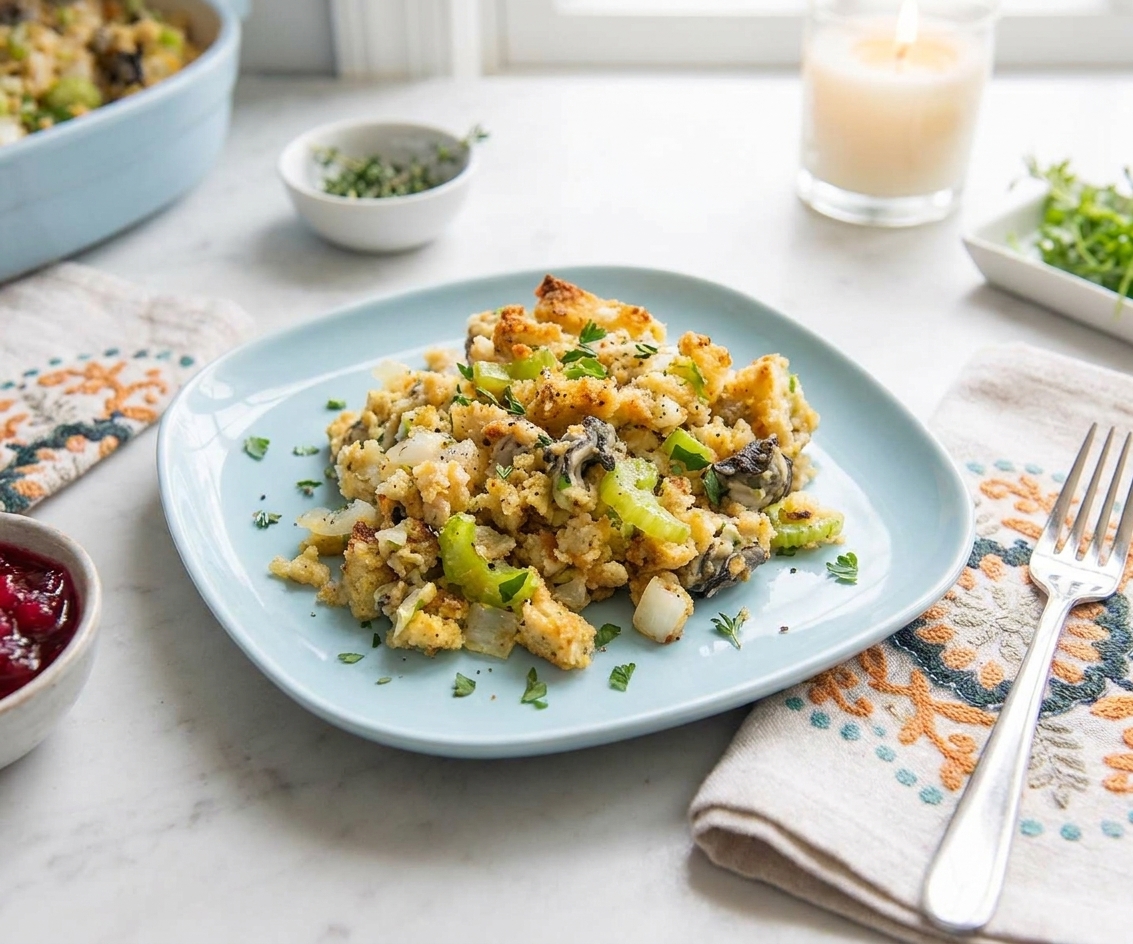 A plated scoop of oyster stuffing with crisp browned top and herbs, served alongside a holiday-style place setting