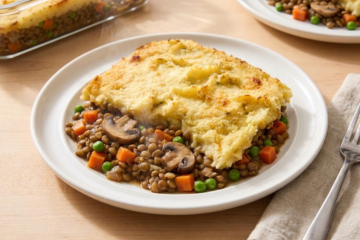 A plated scoop of vegan shepherd’s pie showing creamy mashed potato topping and a saucy lentil, mushroom, and vegetable filling on a dinner plate