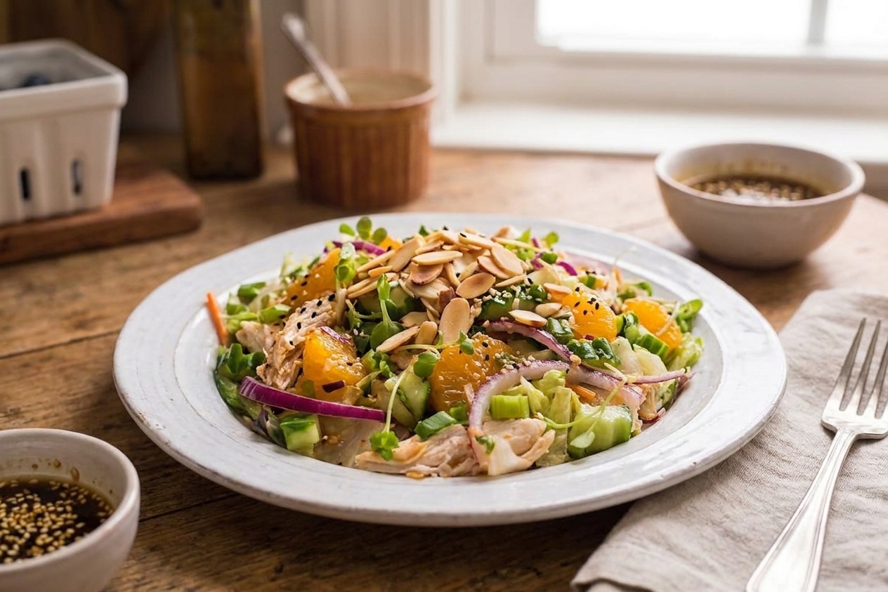 A plated serving of Asian chicken salad topped with toasted almonds and sesame seeds on a simple dinner table setting