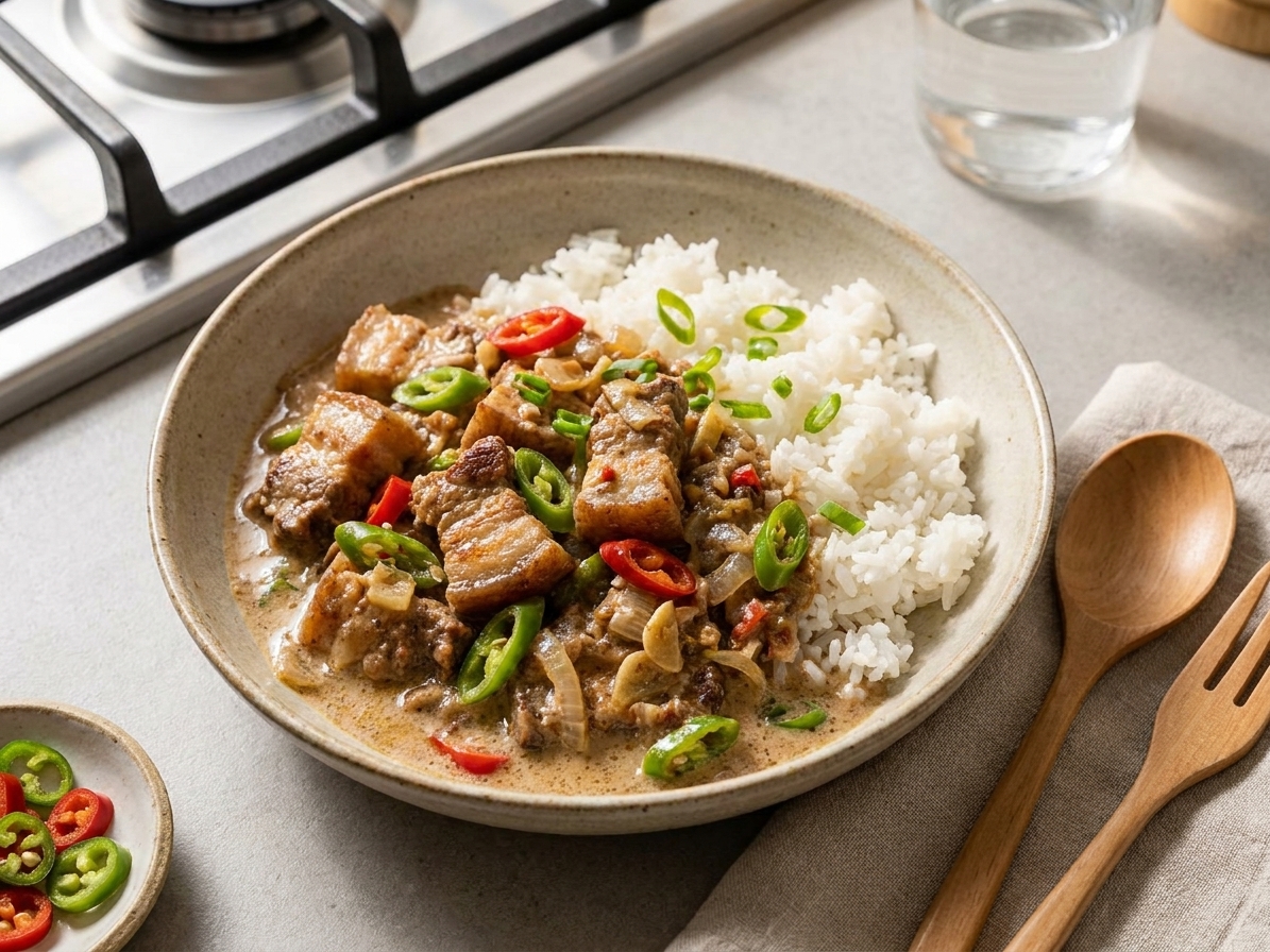 A plated serving of Bicol Express ladled over steamed white rice in a shallow bowl, with a simple table setting and warm light