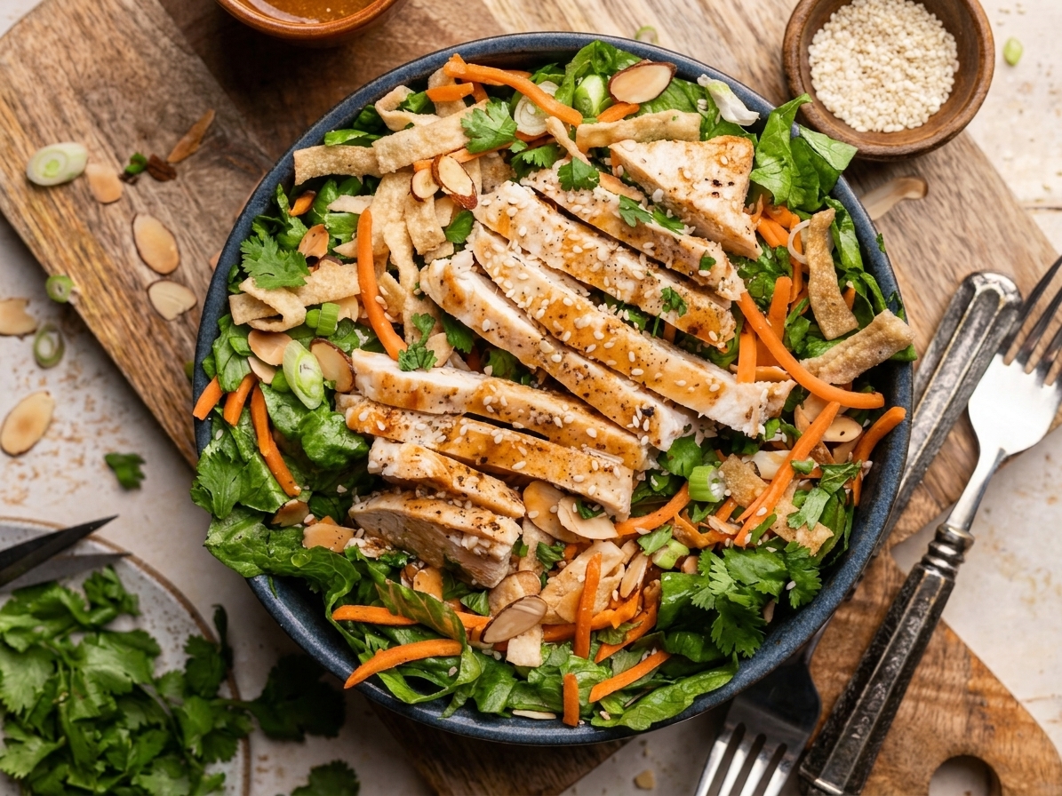 A plated serving of Chinese chicken salad topped with toasted almonds and crispy wonton strips on a simple dinner table setting