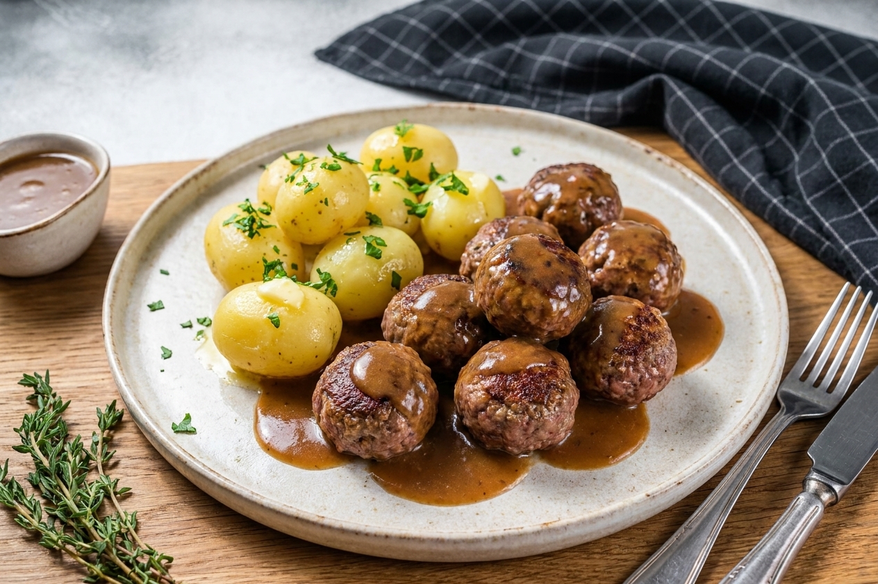 A plated serving of Danish-style frikadeller covered in brown gravy with potatoes on a simple dinner table