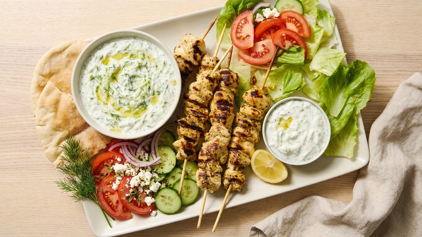 A plated serving of Greek chicken souvlaki with pita, tzatziki, sliced tomatoes, cucumbers, red onion, and feta on a light wooden table