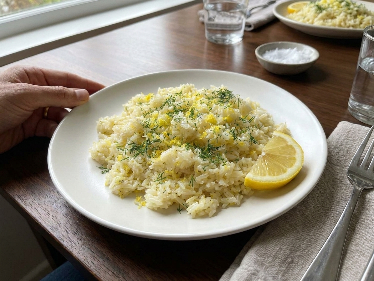 A plated serving of Greek lemon rice on a simple white plate with a lemon wedge on the side at a dinner table