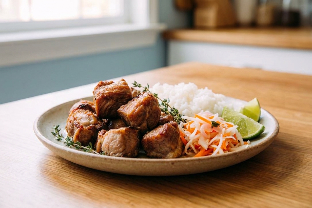A plated serving of Haitian griot with crispy golden pork pieces beside white rice and a small pile of pikliz on a simple ceramic plate on a warm kitchen table