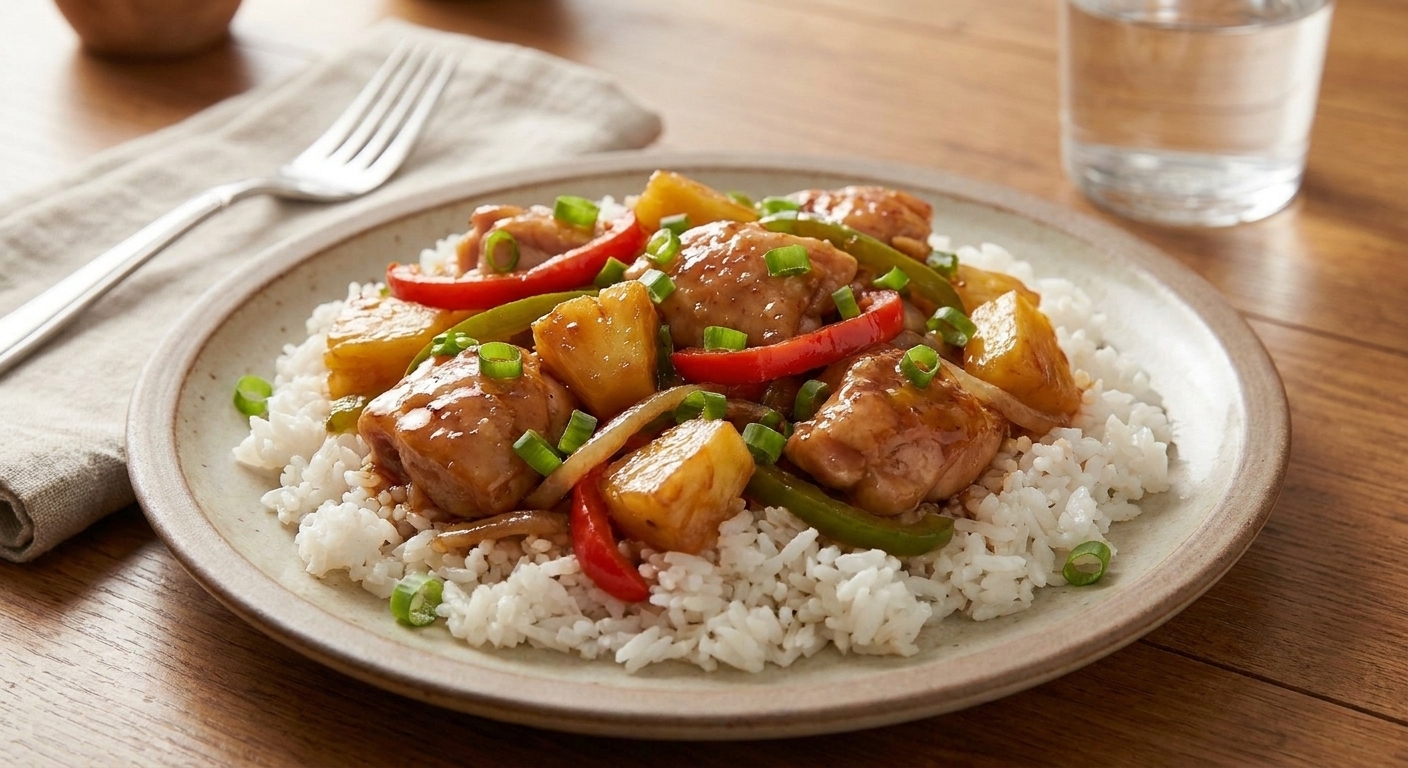 A plated serving of Hawaiian chicken with pineapple and peppers over white rice, garnished with green onions on a simple dinner table setting