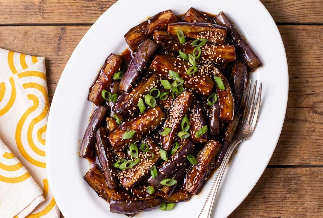 A plated serving of Indo-Chinese brinjal in a glossy dark sauce topped with sliced scallions and sesame seeds, on a white plate on a warm kitchen table
