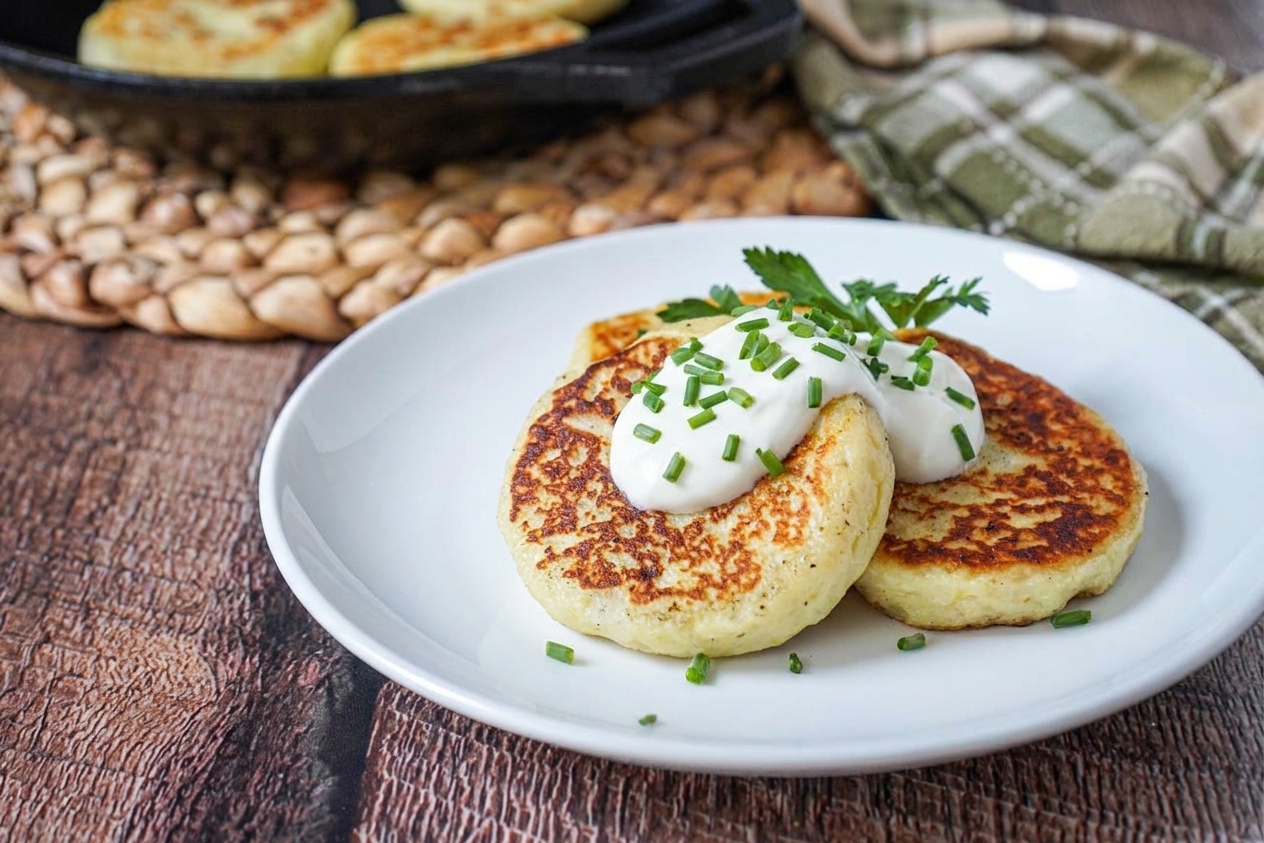 A plated serving of Irish potato cakes with a dollop of sour cream and chopped chives on a simple dinner table setting