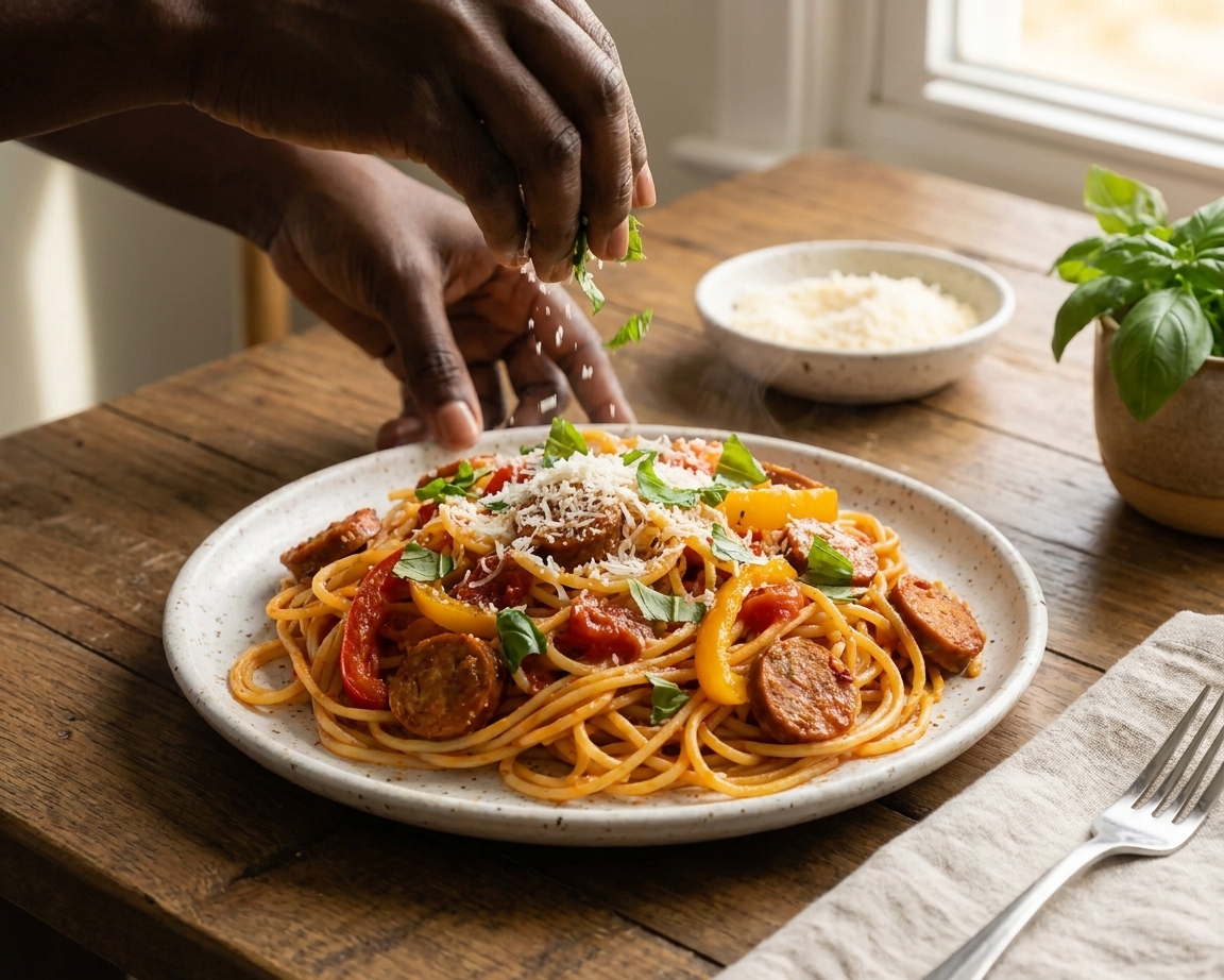 A plated serving of Italian drunken noodles topped with grated Parmesan and fresh basil on a simple dinner table setting