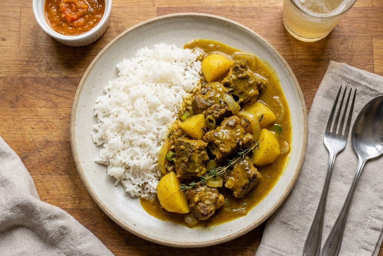 A plated serving of Jamaican curry goat with potatoes and rich curry gravy served alongside white rice on a simple dinner table setting