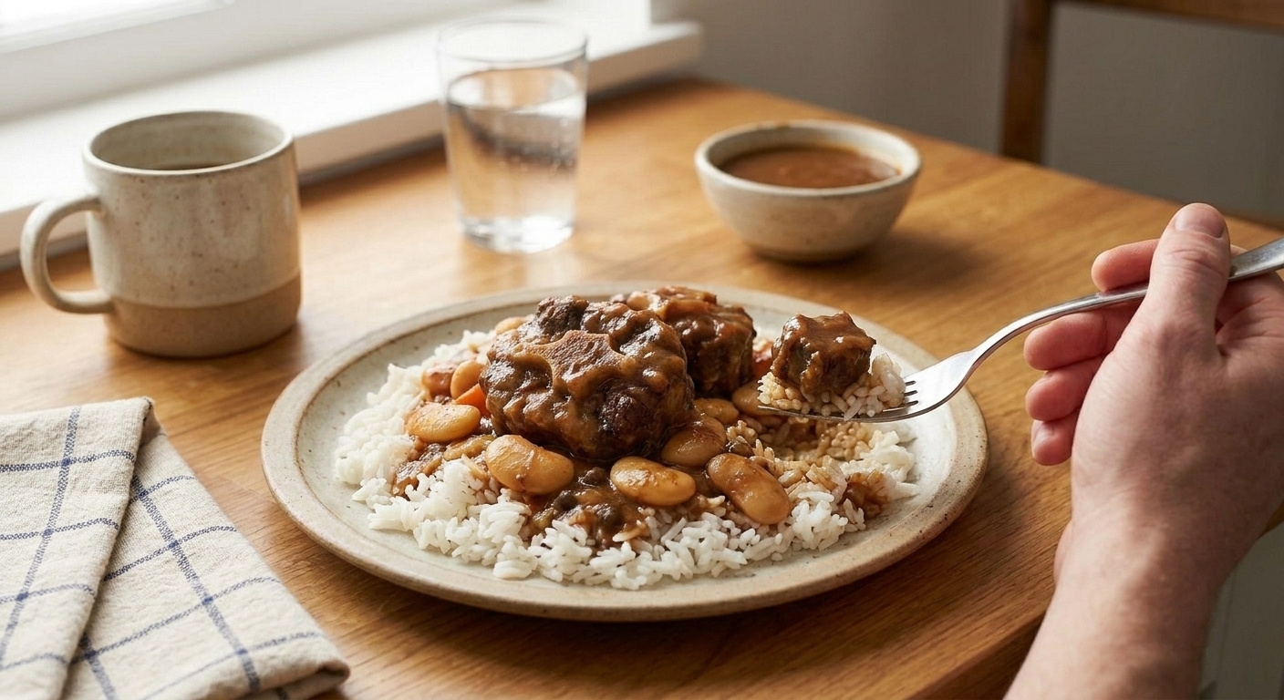 A plated serving of Jamaican oxtail with brown gravy and butter beans over white rice on a dinner table