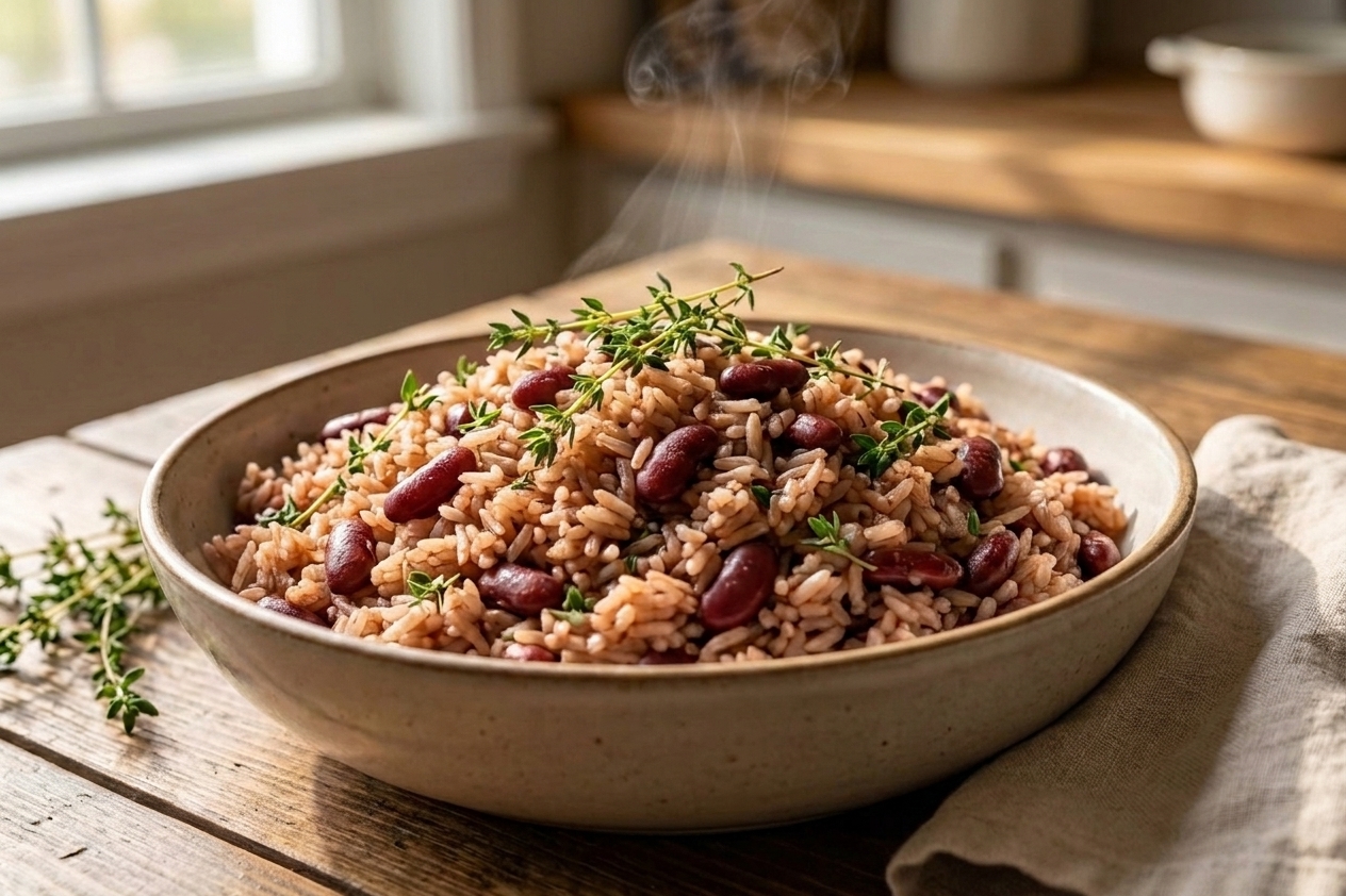 A plated serving of Jamaican rice and peas in a shallow bowl on a dinner table with a simple linen napkin and warm evening light