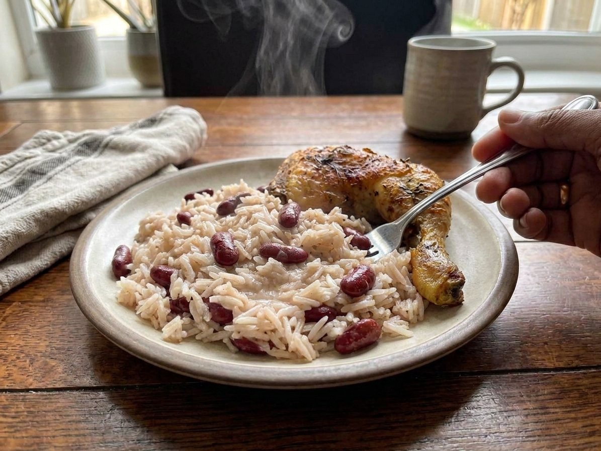 A plated serving of Jamaican rice and peas with visible kidney beans, served beside roasted chicken on a dinner table with simple linen napkins