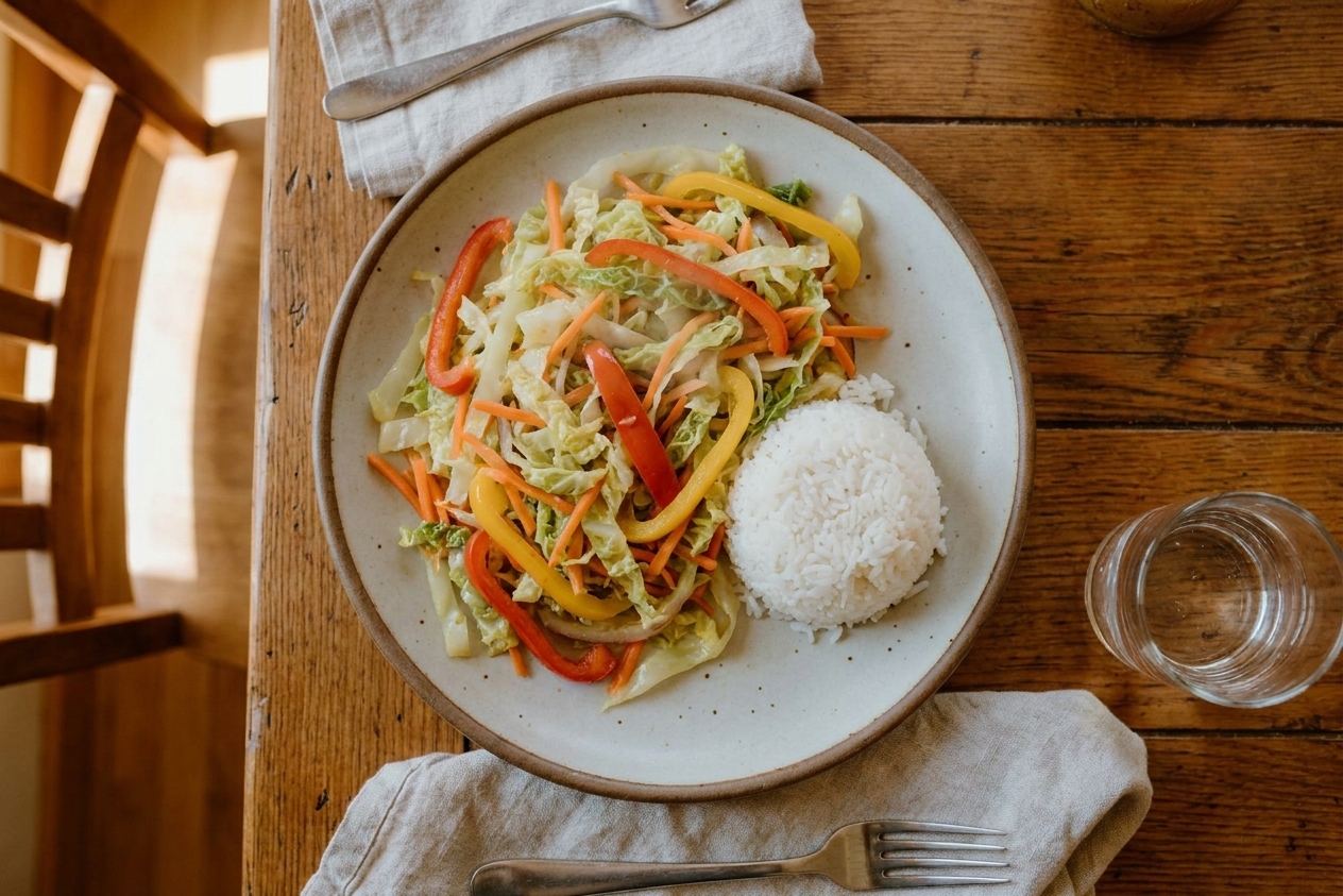 A plated serving of Jamaican steamed cabbage with carrots and bell pepper beside rice on a simple dinner table setting