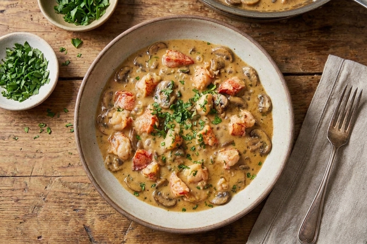 A plated serving of Lobster Theodore in a shallow bowl, lobster pieces and mushrooms in a creamy sauce, garnished with parsley on a warmly lit dinner table