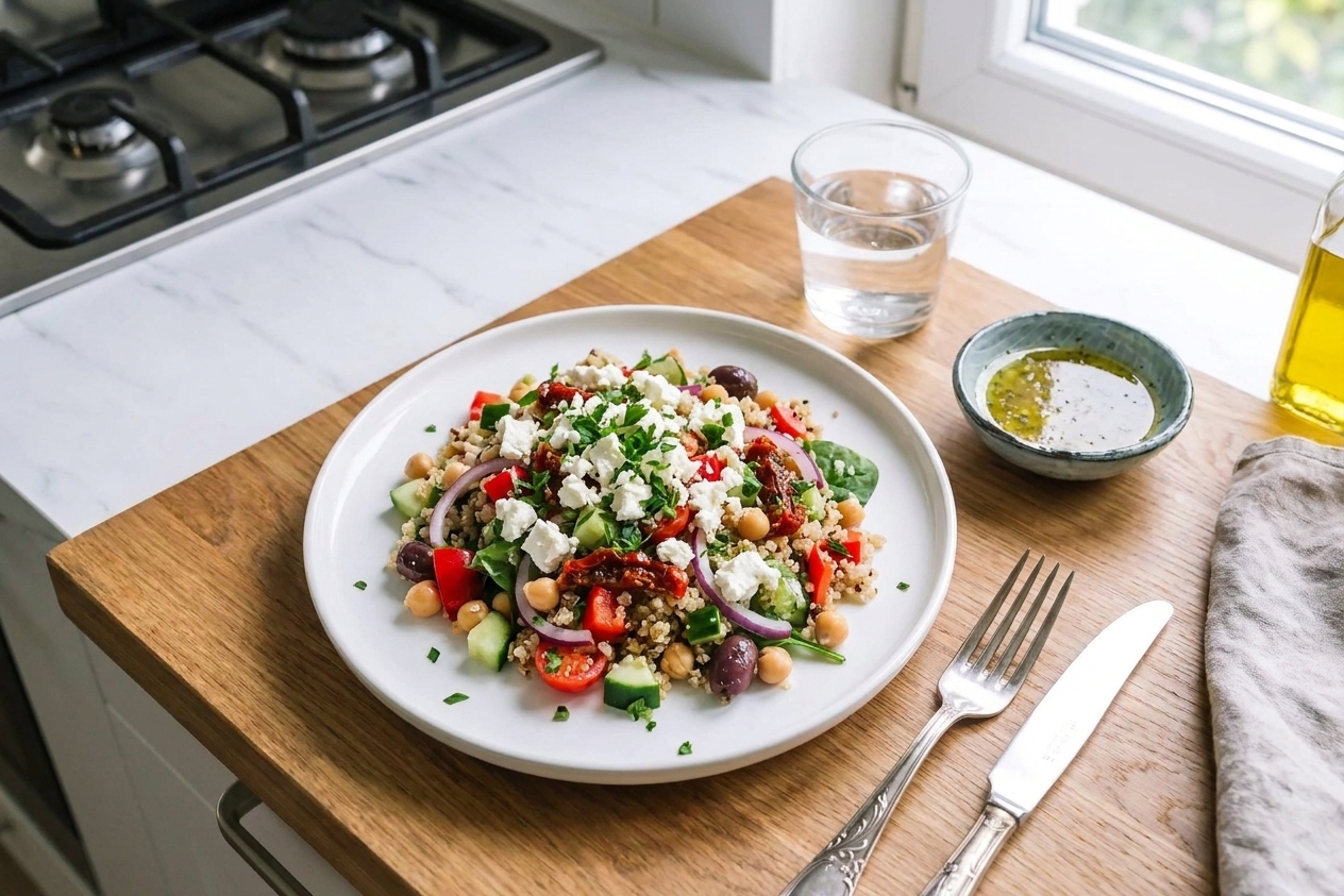 A plated serving of Mediterranean quinoa salad topped with feta and parsley on a simple white plate at a kitchen table