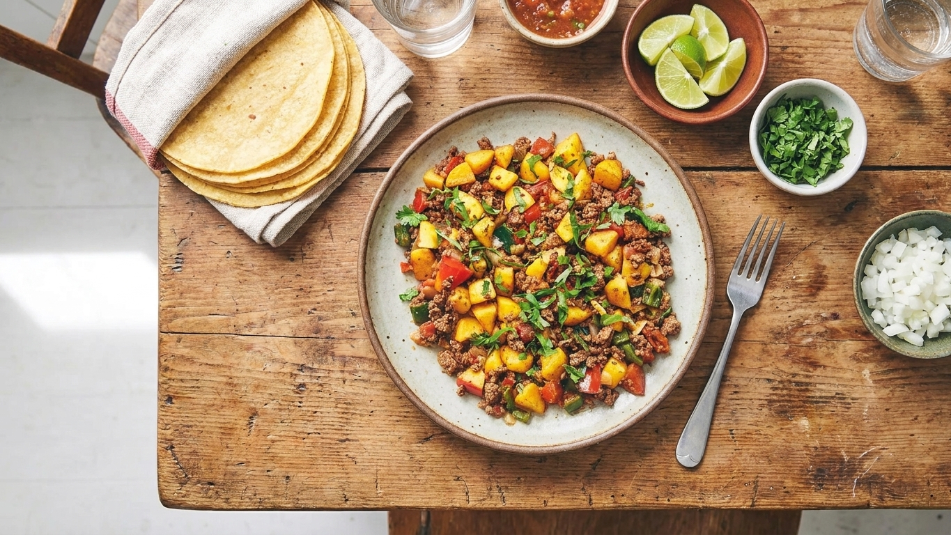 A plated serving of Mexican picadillo with warm tortillas, lime wedges, cilantro, and a simple table setting on a wooden dining table