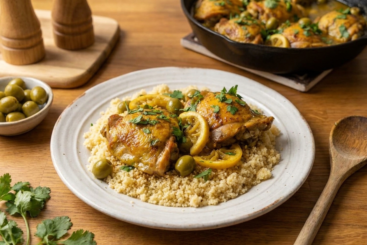 A plated serving of Moroccan-inspired chicken with olives and preserved lemon over fluffy couscous on a simple dinner table