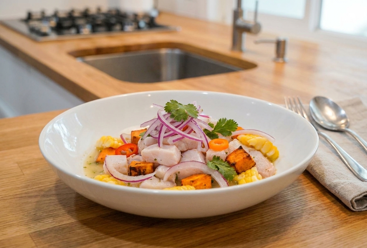 A plated serving of Peruvian ceviche in a shallow bowl with limey broth, red onion, cilantro, and sliced sweet potato and corn on the side on a simple table setting