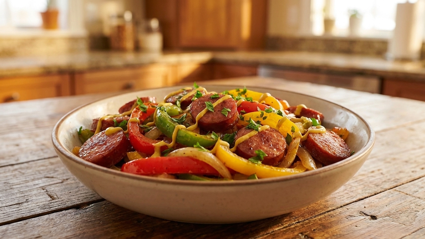 A plated serving of Polska sausage and peppers in a shallow bowl with a light mustard drizzle and parsley on a wooden table
