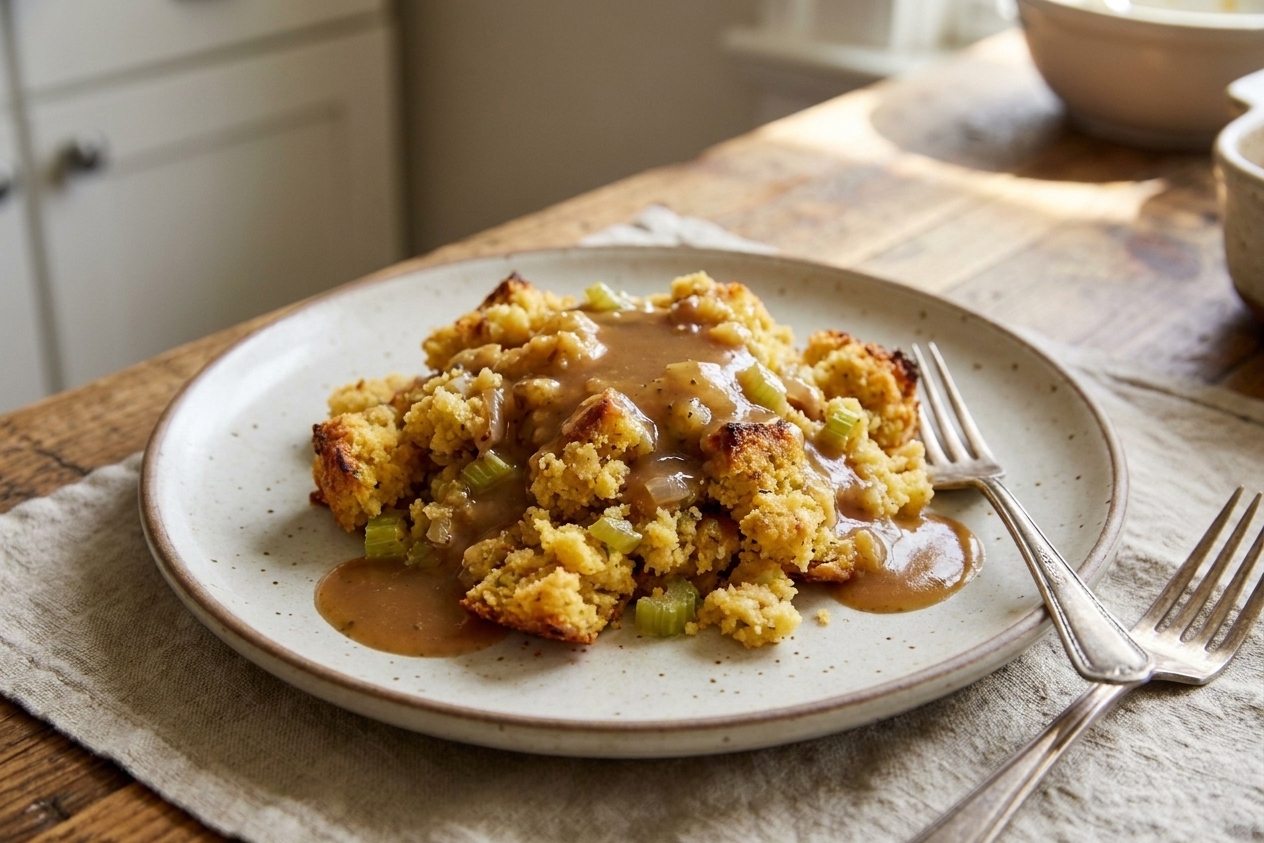 A plated serving of Southern cornbread dressing with gravy on top, set on a simple dinner plate at a table setting