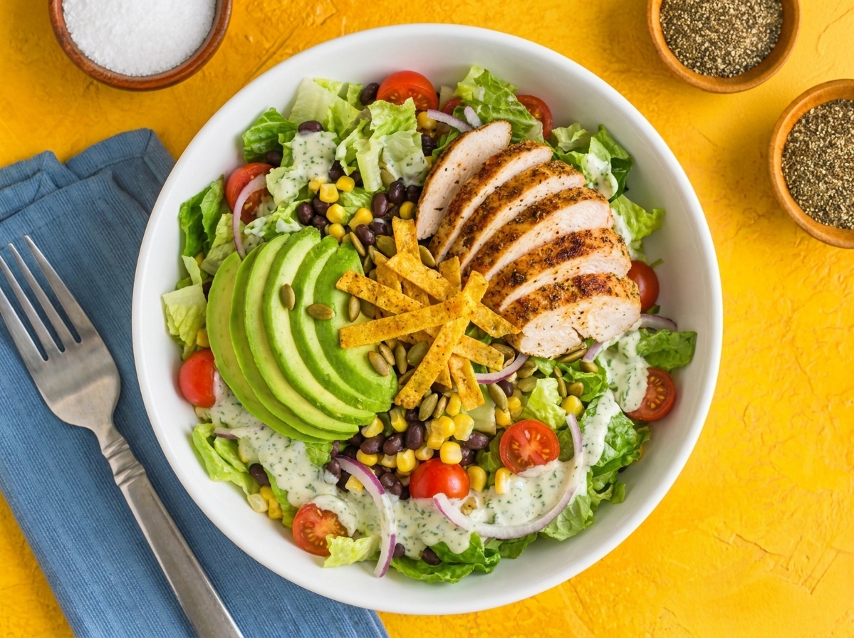 A plated serving of Southwest salad topped with avocado, tortilla strips, pepitas, and sliced chicken on a simple dinner table setting
