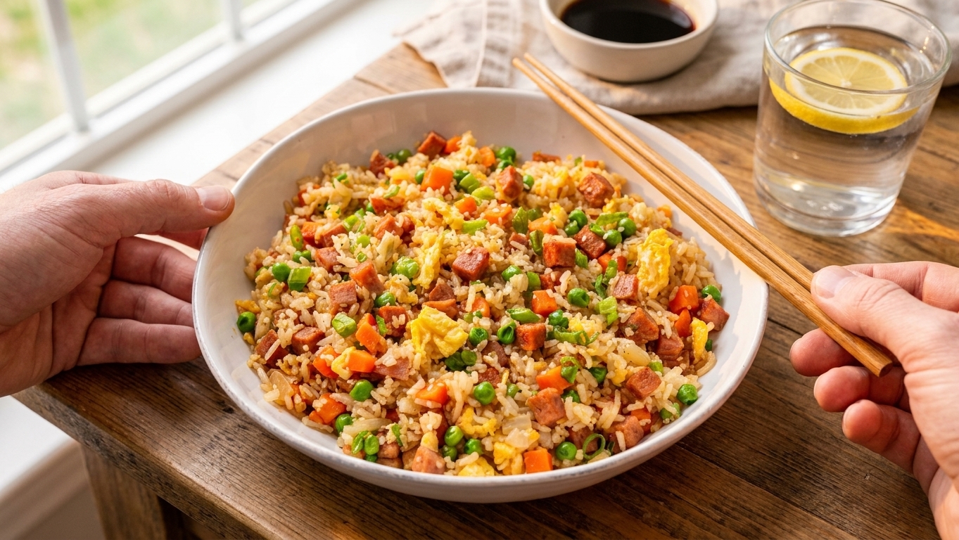 A plated serving of Spam fried rice in a shallow bowl on a simple dinner table with chopsticks and a glass of water in warm evening light