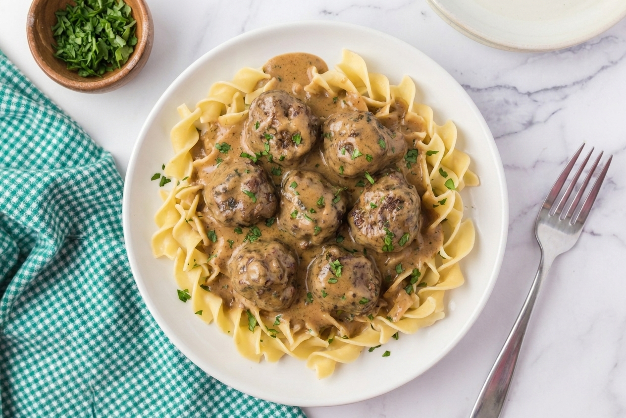 A plated serving of Swedish meatballs and creamy sauce over egg noodles on a simple dinner table setting