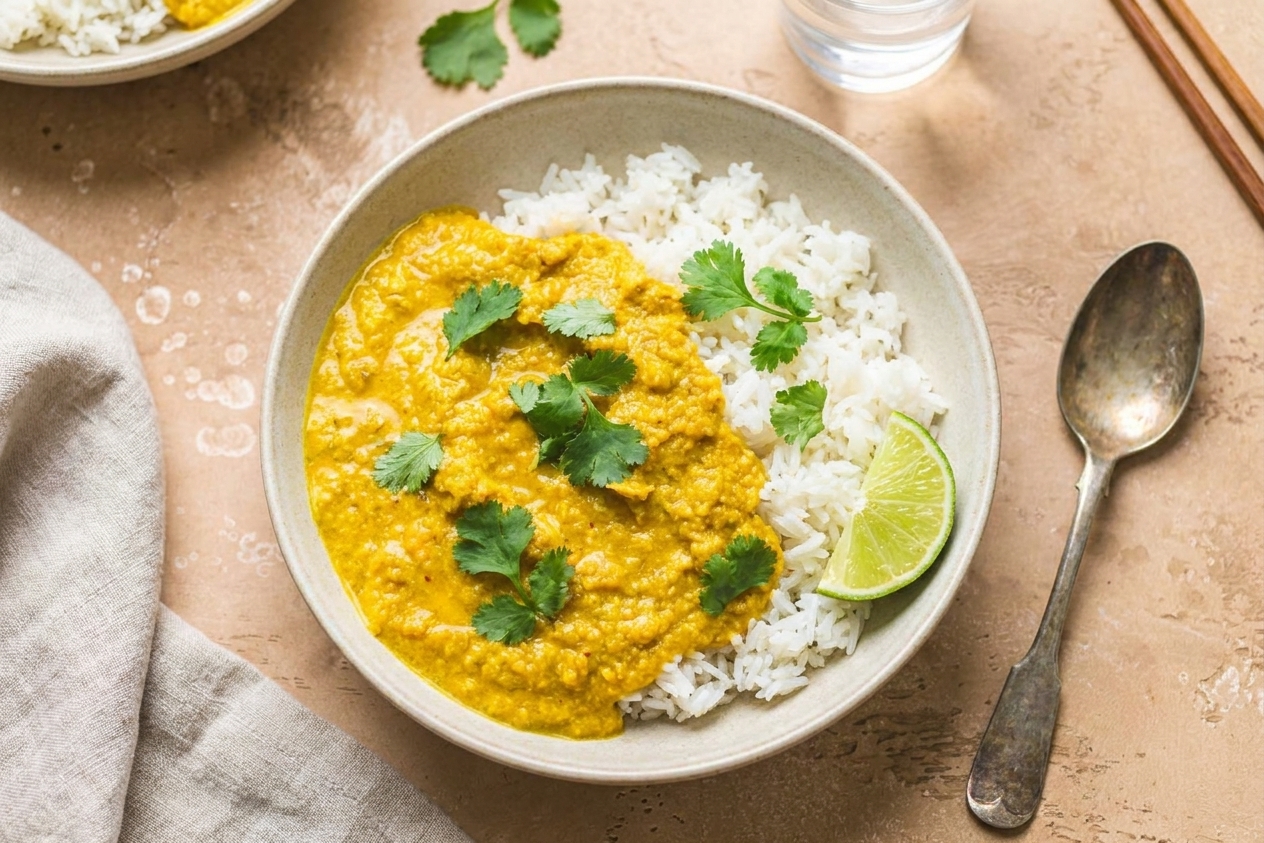 A plated serving of Thai yellow curry over jasmine rice in a shallow bowl, garnished with cilantro, with a lime wedge and spoon on a neatly set table