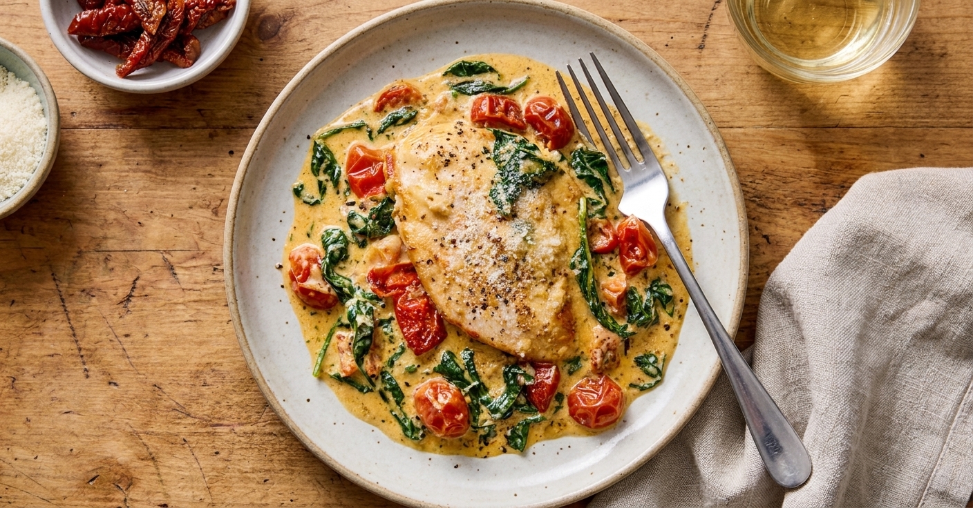 A plated serving of Tuscan chicken topped with creamy spinach sauce and sun-dried tomatoes, with a fork on the plate and a simple dinner table setting