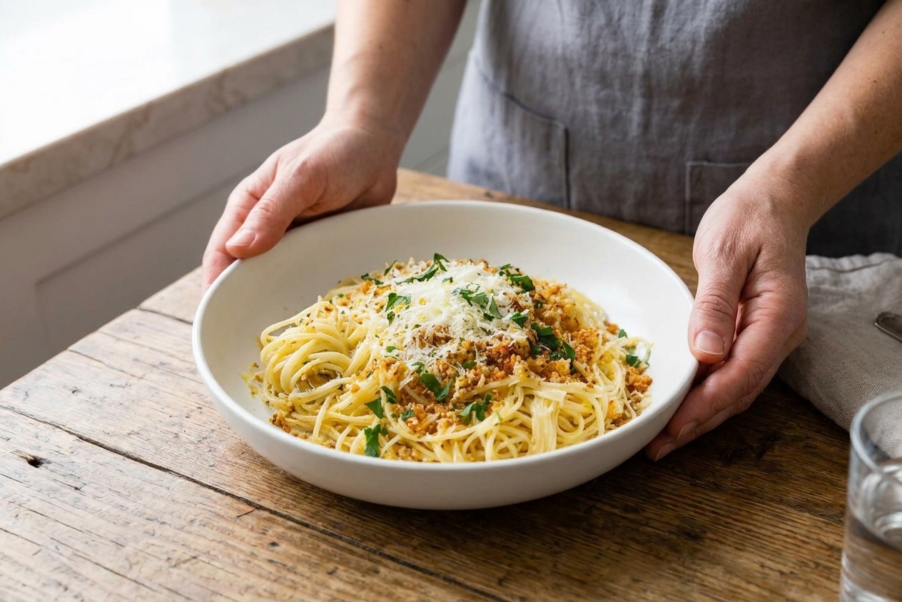 A plated serving of angel hair pasta with lemon zest, Parmesan shavings, parsley, and toasted breadcrumbs in a white bowl on a dinner table