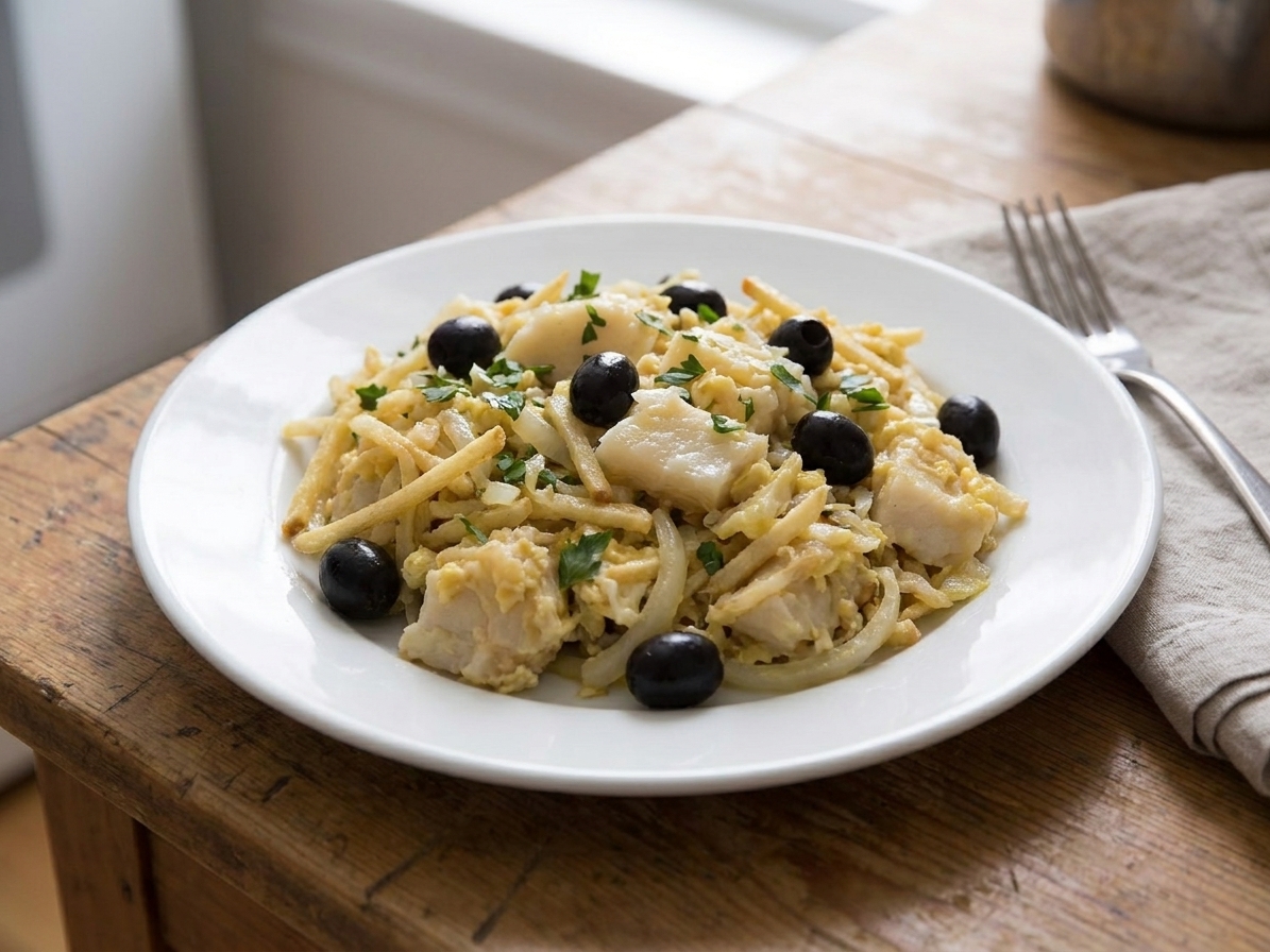 A plated serving of bacalhau à Brás on a white dish, showing flaky salt cod mixed with soft eggs, crisp potato sticks, black olives, and chopped parsley on a simple wooden table