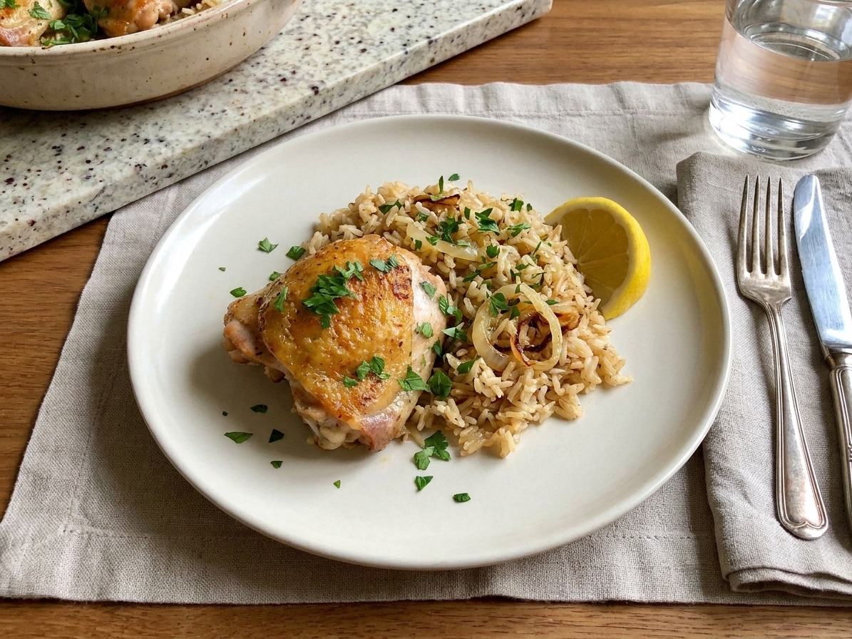 A plated serving of baked chicken and rice with a lemon wedge and parsley on a simple dinner plate at a set table with neutral linens