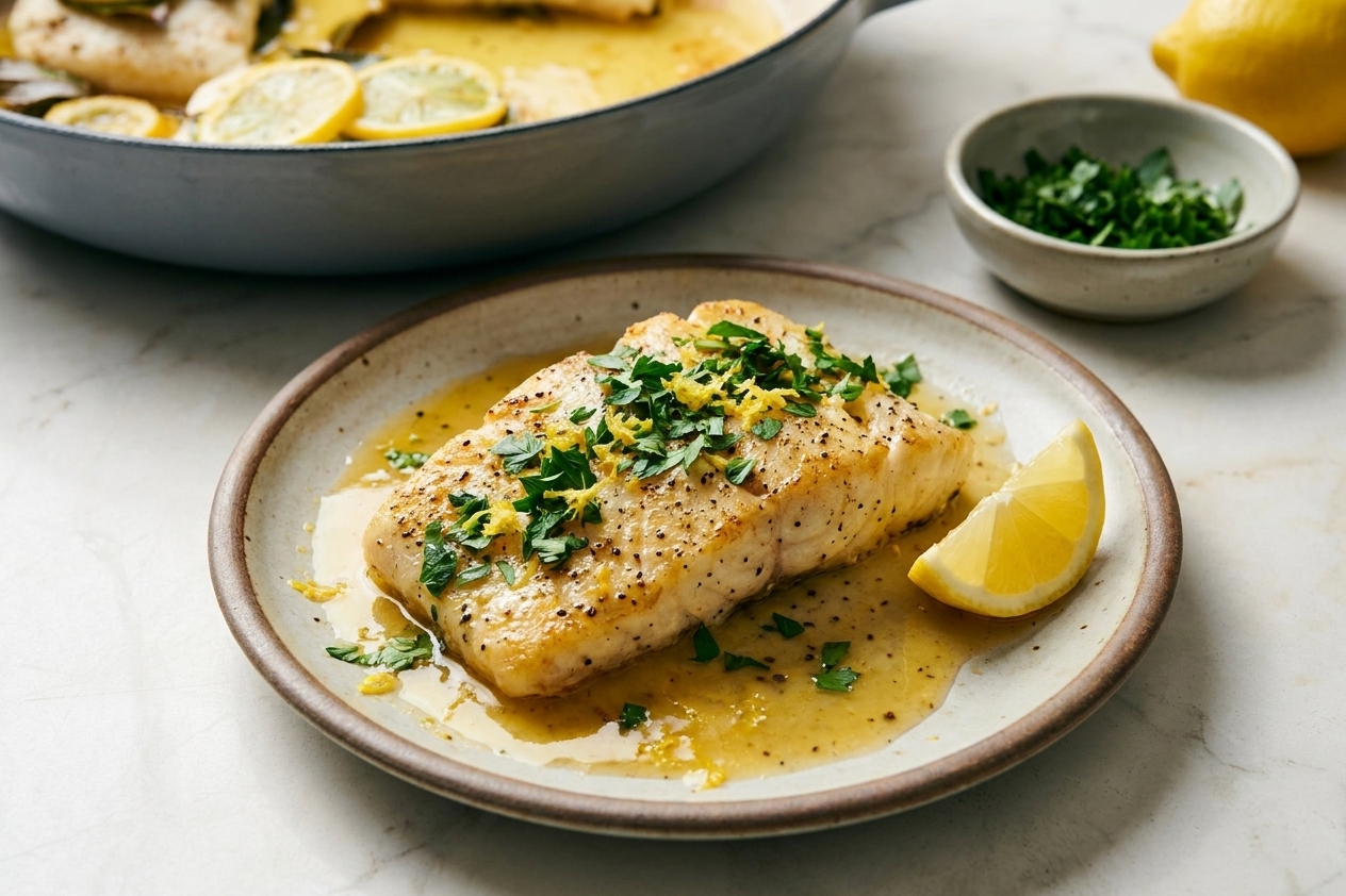 A plated serving of baked halibut topped with parsley and lemon zest, with extra pan sauce pooled on the plate beside a lemon wedge