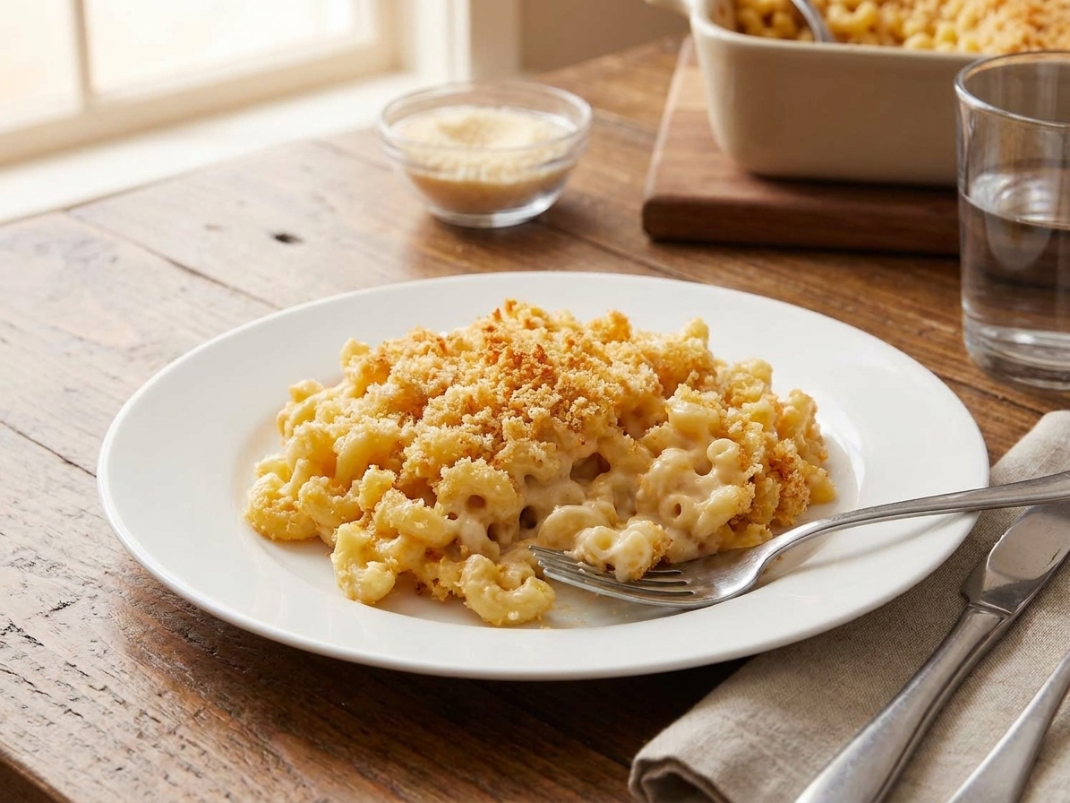 A plated serving of baked macaroni and cheese with a golden crumb topping on a dinner table with simple place settings