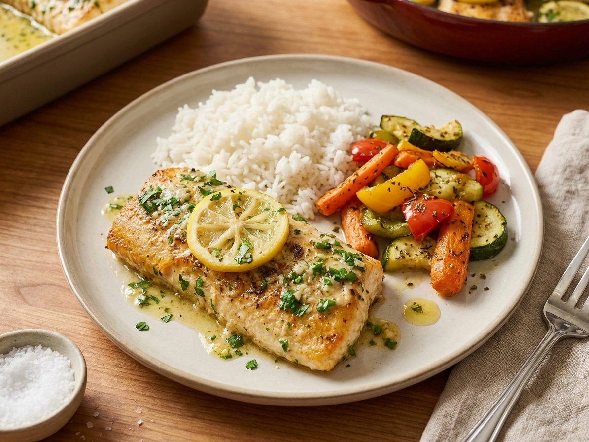 A plated serving of baked mahi mahi topped with parsley next to rice and roasted vegetables on a simple dinner table setting