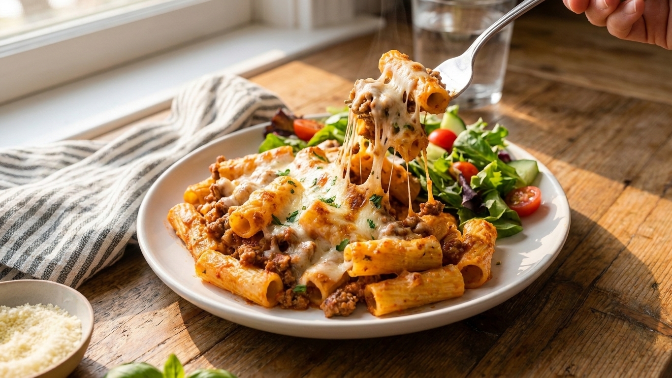 A plated serving of baked mostaccioli with stretchy melted mozzarella and red sauce, served with a simple green salad on a dining table