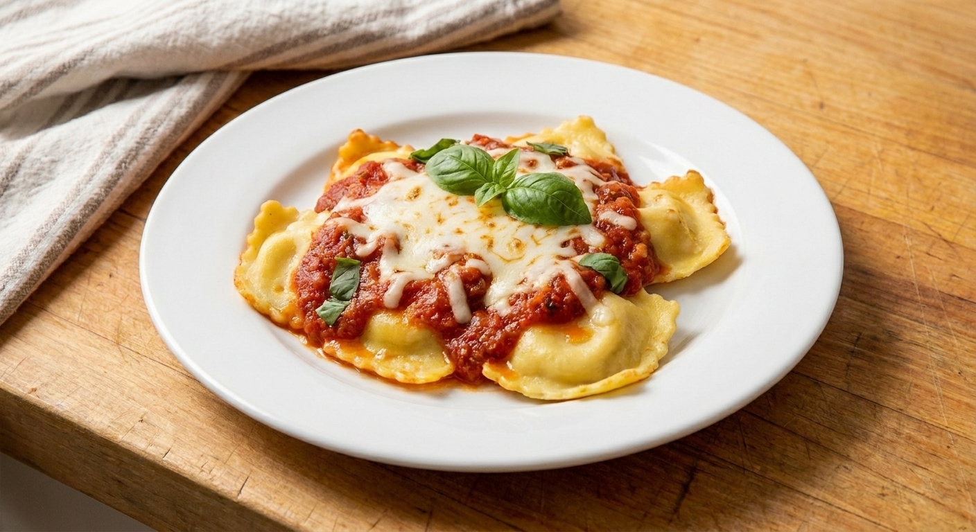 A plated serving of baked ravioli with melted cheese and marinara, topped with fresh basil on a simple dinner plate