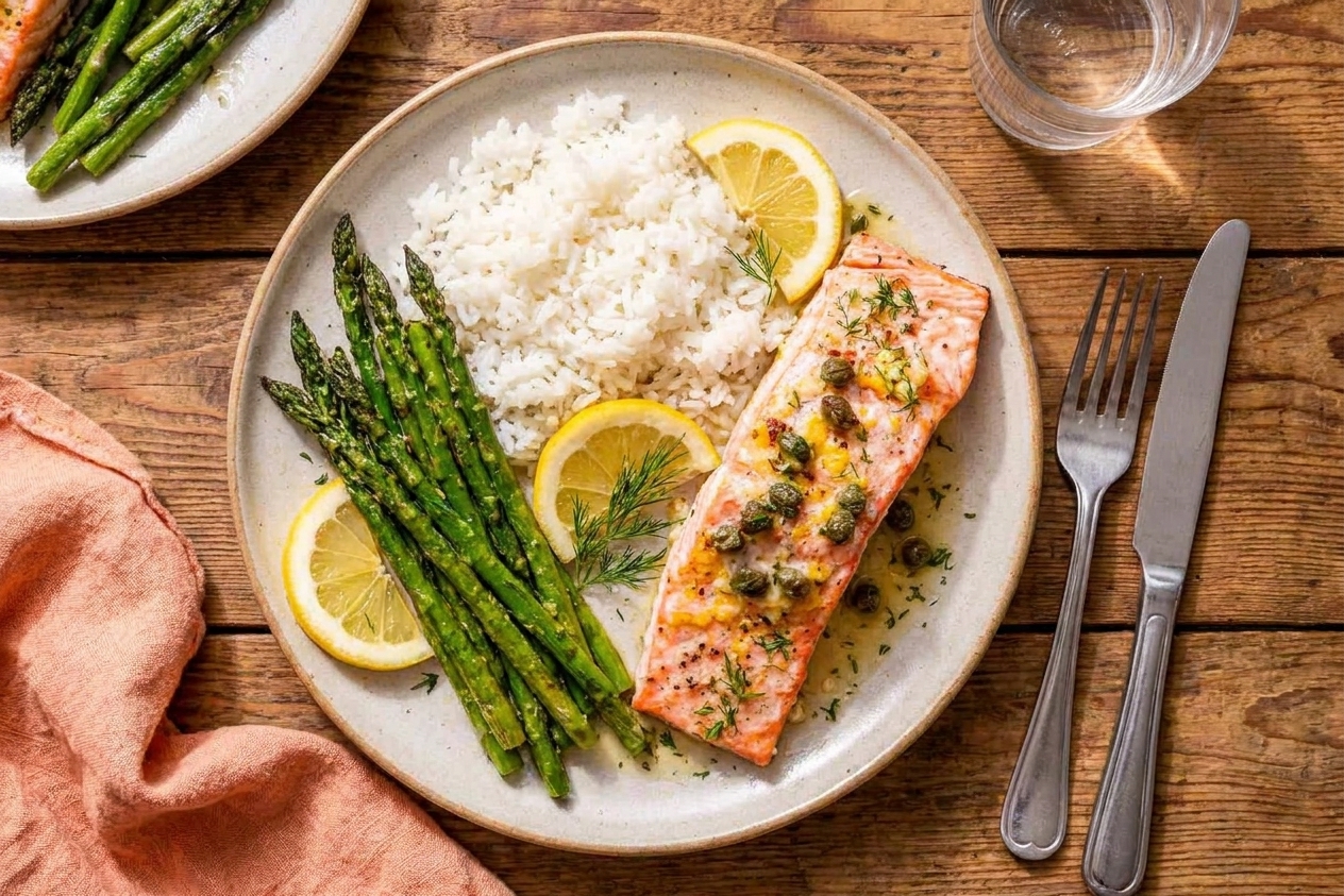 A plated serving of baked salmon with lemon and herbs alongside rice and green vegetables on a dinner table
