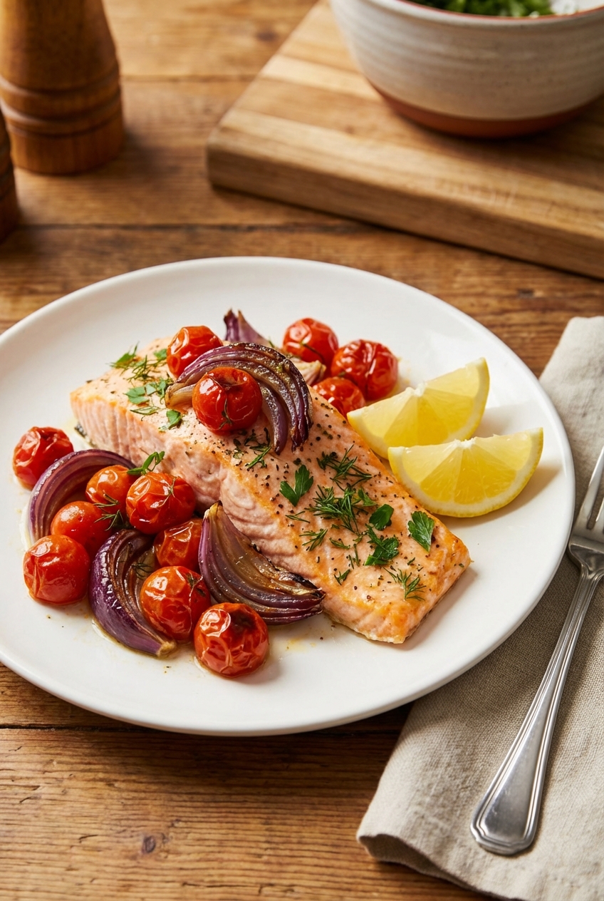 A plated serving of baked salmon with roasted tomatoes and onions, with lemon wedges on the side